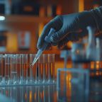 A close-up shot of an scientist's hand in gloves, holding and using the pipette to create test tubes filled with liquid inside laboratory glassware on table, against backdrop of advanced lab equipment and shelves displaying various medical supplies. The lighting is soft yet focused, cold cyan and bright red-orange light, orange backlights, cinematic look that adds depth and realism to the scene, photorealism --ar 16:9 --s 50 --style raw