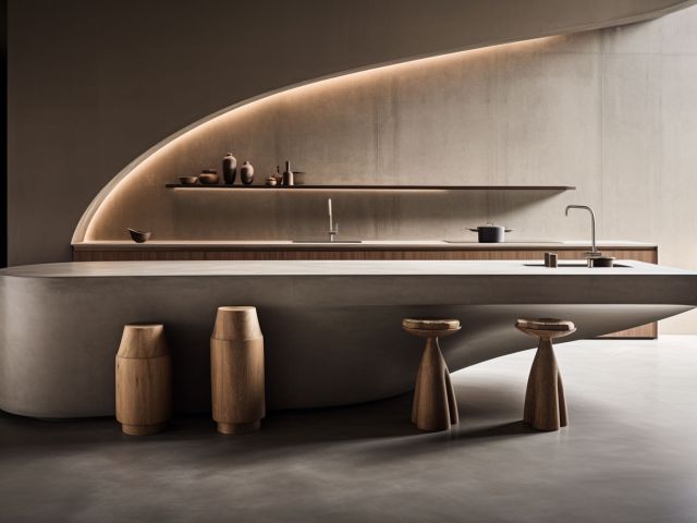 there is a large counter with stools and a sink in the middle. g