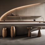 there is a large counter with stools and a sink in the middle. generative ai.