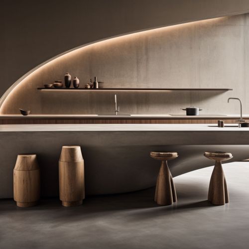 there is a large counter with stools and a sink in the middle. g